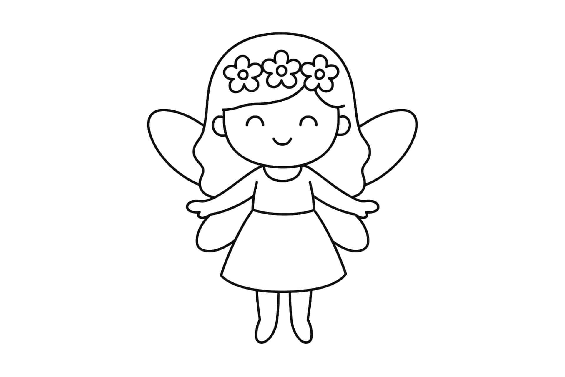 Feen Ausmalbild ab 2 Jahre - Lächelnde Fee mit Blumenkranz