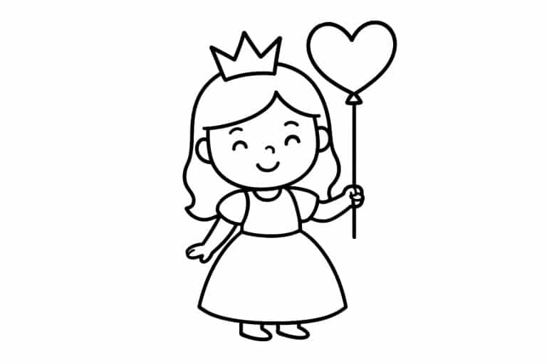 Prinzessinnen Ausmalbild ab 2 Jahre - Prinzessin mit Herz-Luftballon