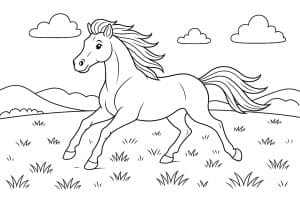 Pferde Ausmalbild ab 6 Jahre - Pferd im Galopp über die Wiese