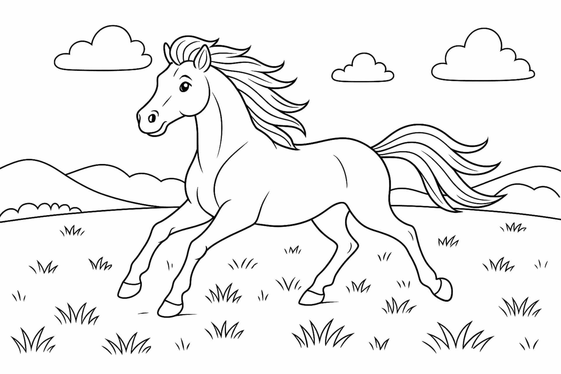 Pferde Ausmalbild ab 6 Jahre - Pferd im Galopp über die Wiese
