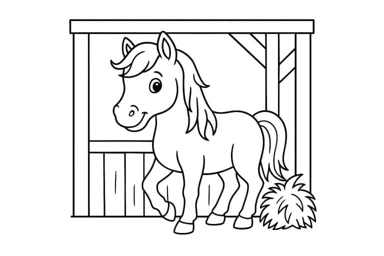 Pferde Ausmalbild ab 6 Jahre - Pferd im Stall