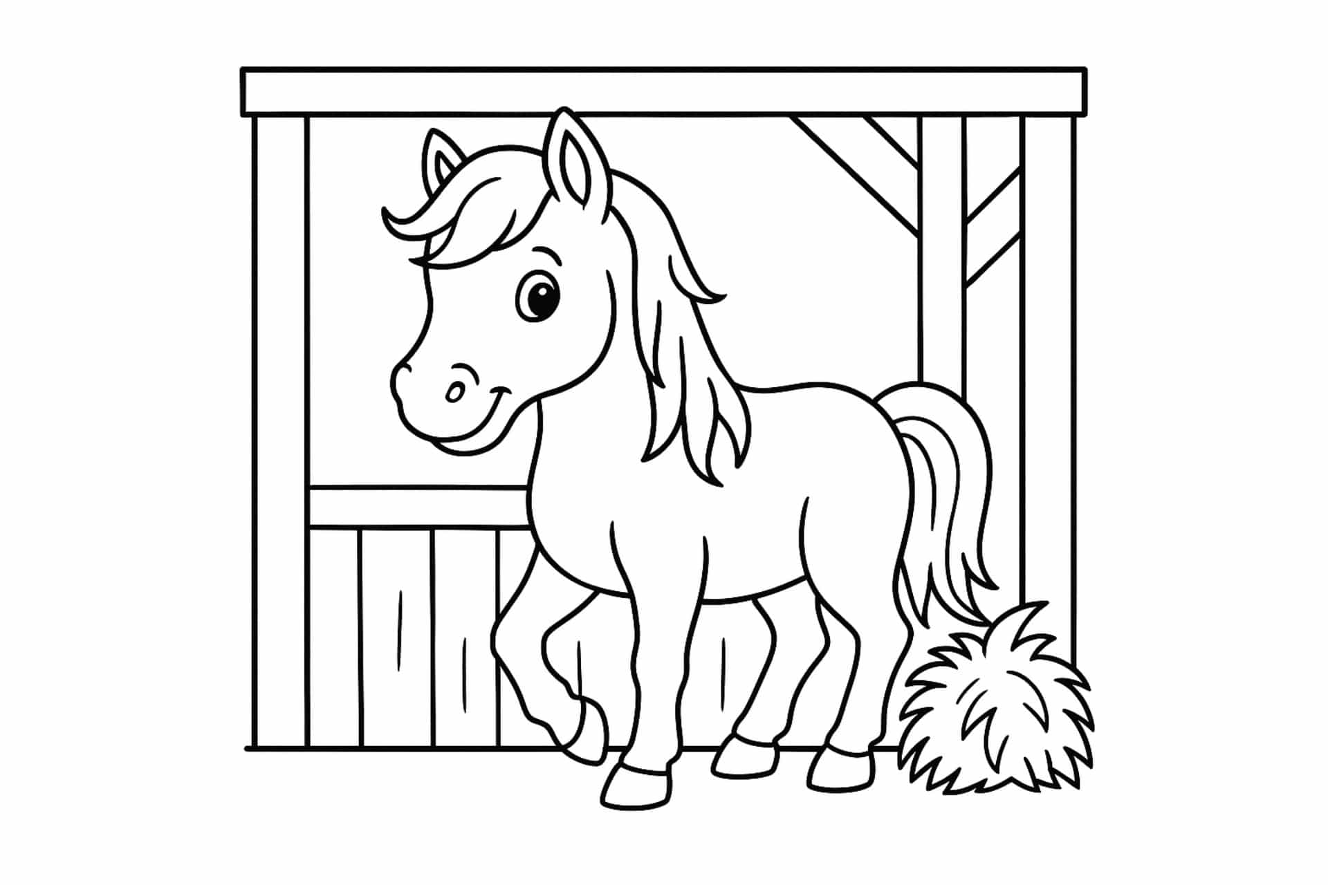 Pferde Ausmalbild ab 6 Jahre - Pferd im Stall