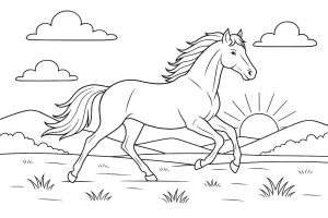 Pferde Ausmalbild ab 8 Jahre - Pferd im Galopp bei Sonnenuntergang