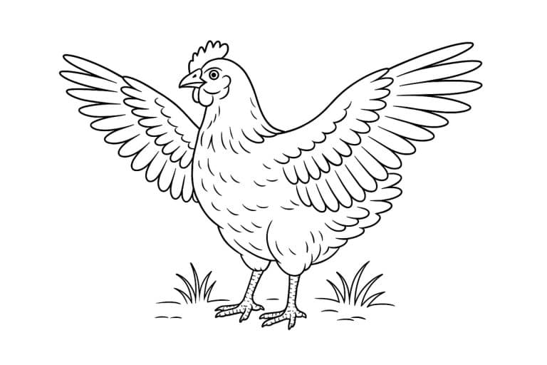 Bauernhoftiere Ausmalbild ab 11 Jahre - Huhn mit ausgebreiteten Flügeln
