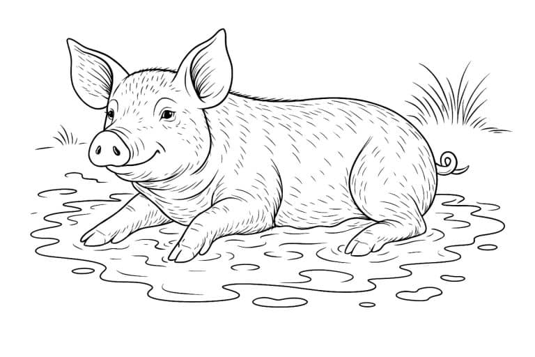 Bauernhoftiere Ausmalbild ab 11 Jahre - Schwein suhlt sich im Matsch