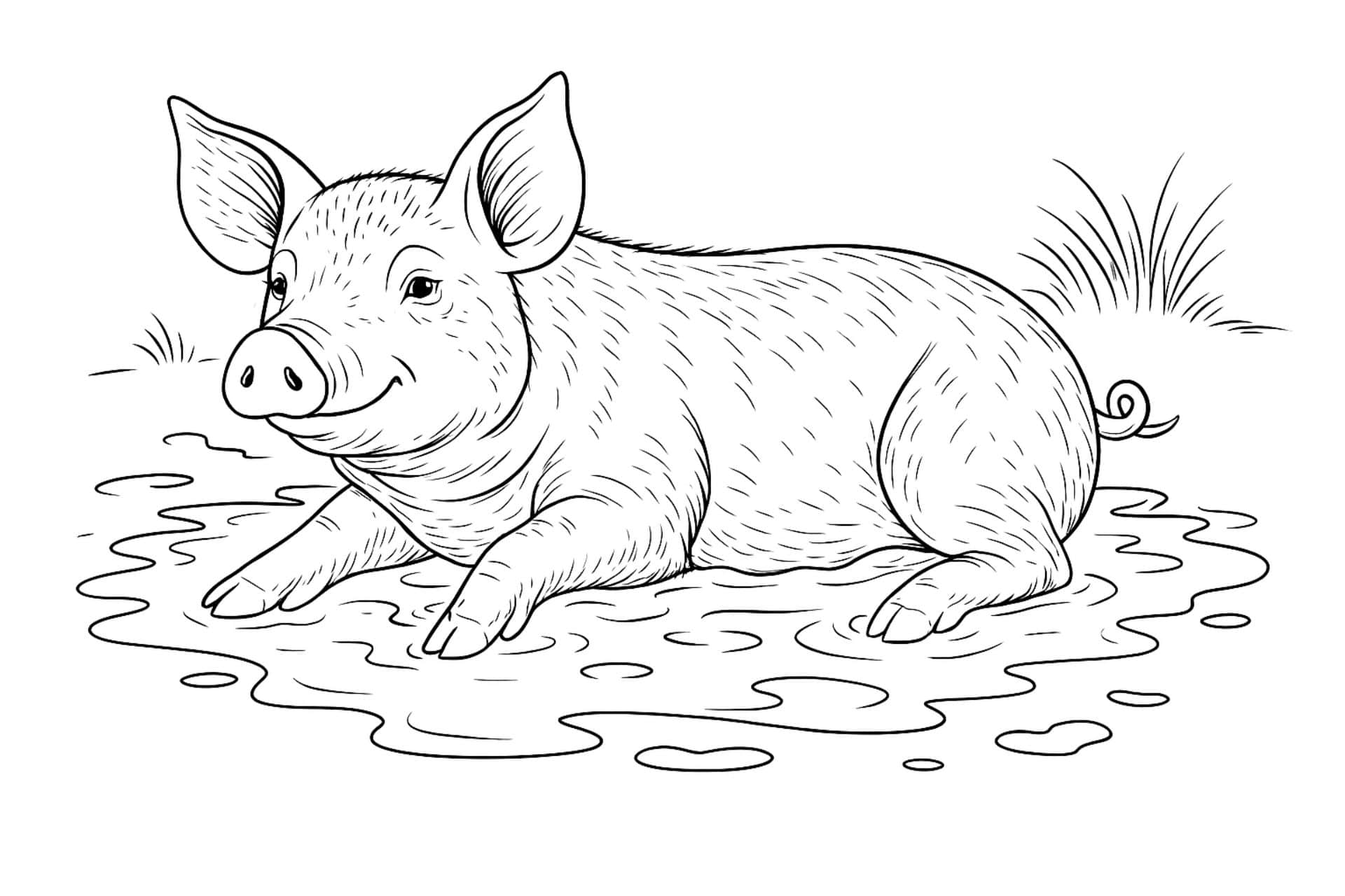 Bauernhoftiere Ausmalbild ab 11 Jahre - Schwein suhlt sich im Matsch