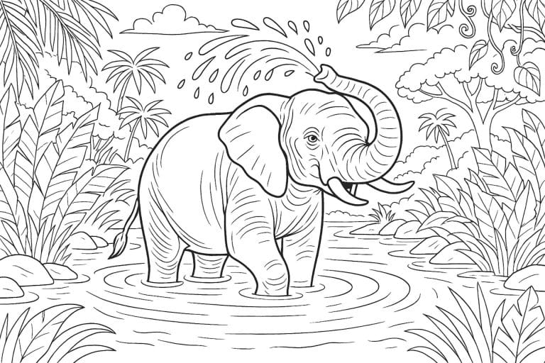 Dschungeltiere Ausmalbild ab 11 Jahre - Elefant beim Flussbad