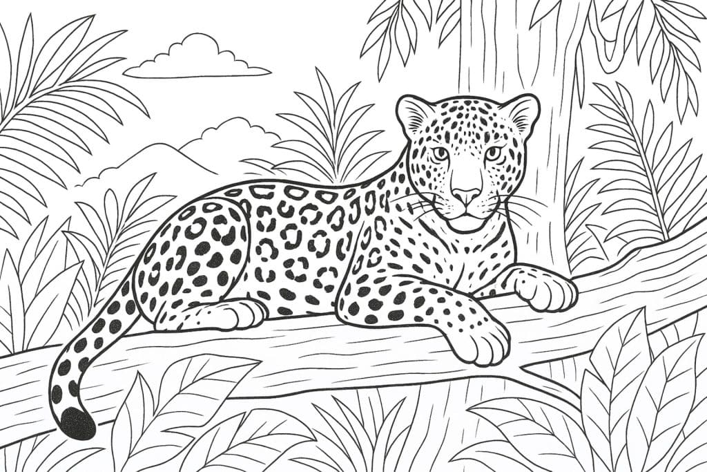 Dschungeltiere Ausmalbild ab 11 Jahre - Jaguar auf einem Baumstamm