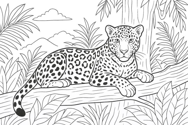 Dschungeltiere Ausmalbild ab 11 Jahre - Jaguar auf einem Baumstamm