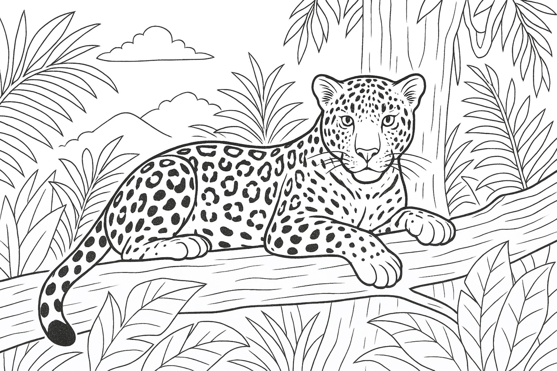 Dschungeltiere Ausmalbild ab 11 Jahre - Jaguar auf einem Baumstamm