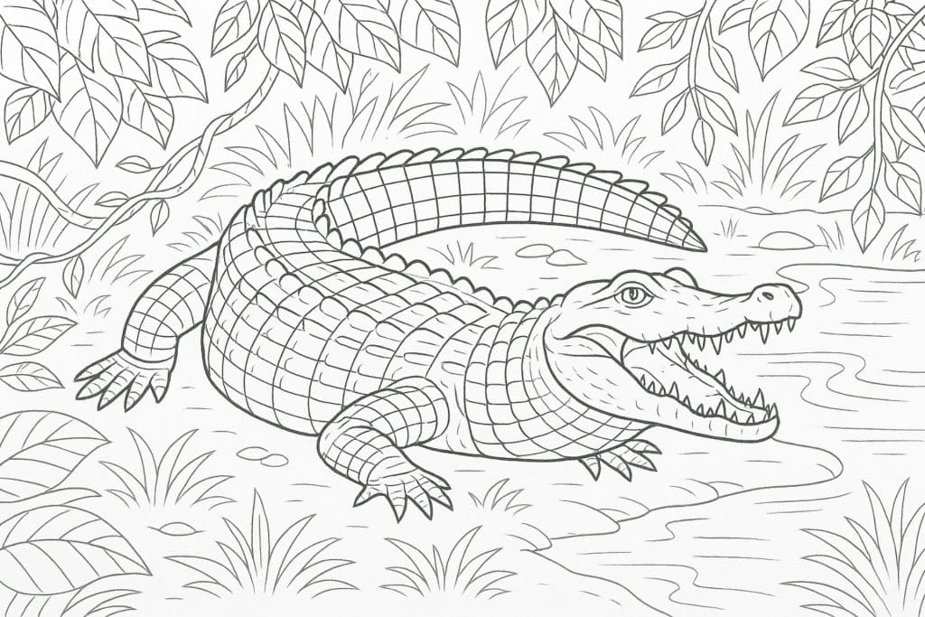 Dschungeltiere Ausmalbild ab 11 Jahre - Krokodil am Flussufer