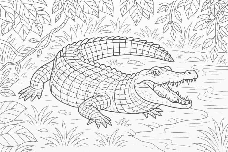 Dschungeltiere Ausmalbild ab 11 Jahre - Krokodil am Flussufer