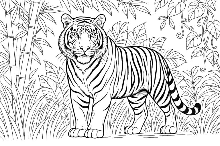 Dschungeltiere Ausmalbild ab 8 Jahre - Majestätischer Tiger im Dschungel