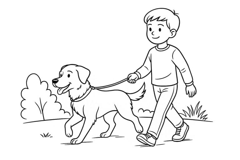 Hunde Ausmalbild ab 11 Jahre - Hund mit Kind beim Spaziergang