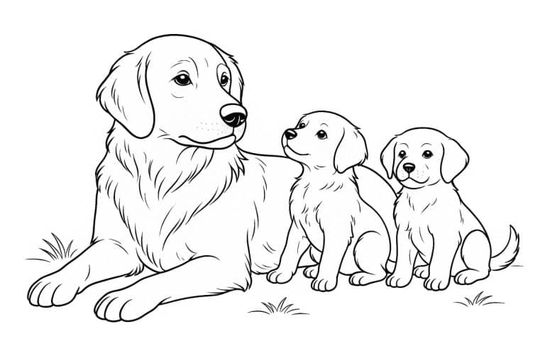 Hunde Ausmalbild ab 11 Jahre - Hund mit Welpen