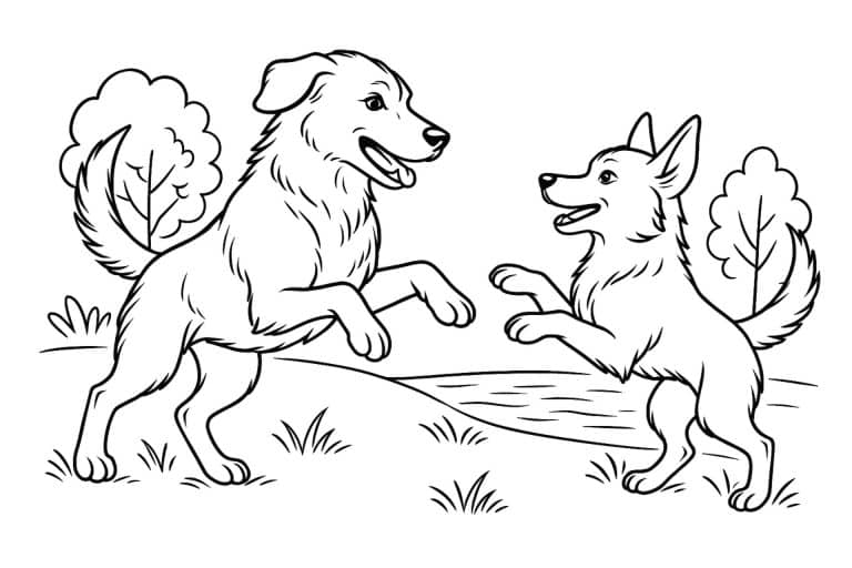 Hunde Ausmalbild ab 11 Jahre - Zwei Hunde beim Spielen