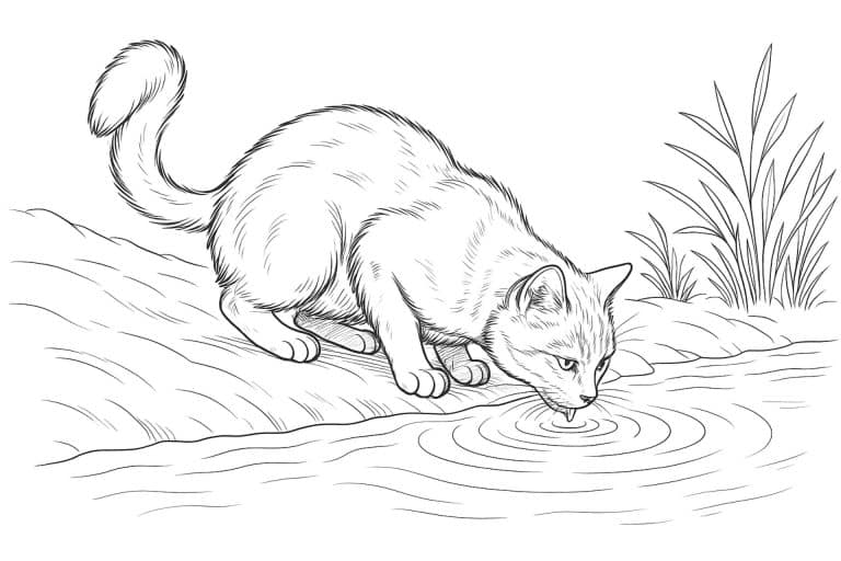 Katzen Ausmalbild ab 11 Jahre - Katze am Flussufer