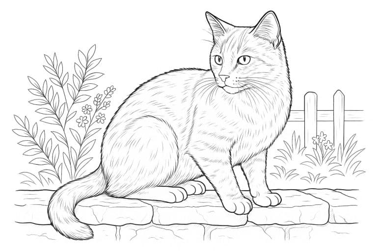 Katzen Ausmalbild ab 11 Jahre - Katze auf einer Gartenmauer