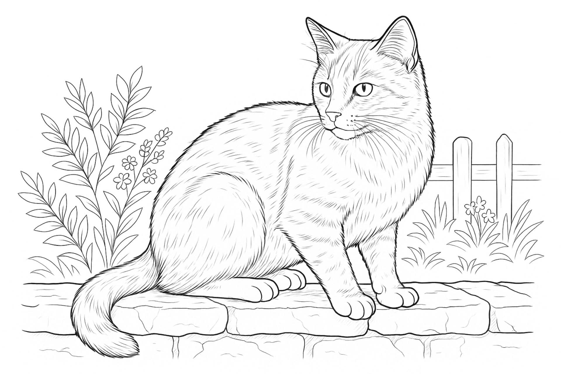 Katzen Ausmalbild ab 11 Jahre - Katze auf einer Gartenmauer