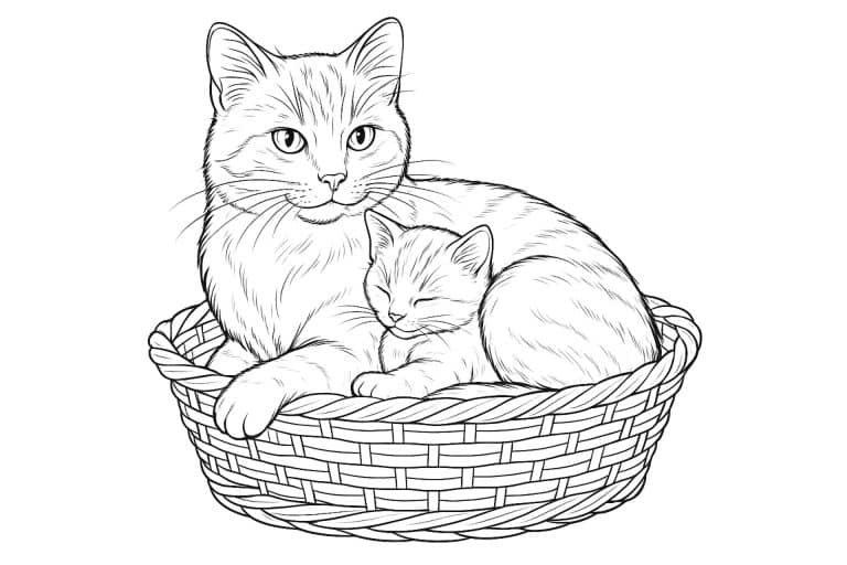 Katzen Ausmalbild ab 11 Jahre - Katze mit Kätzchen im Körbchen