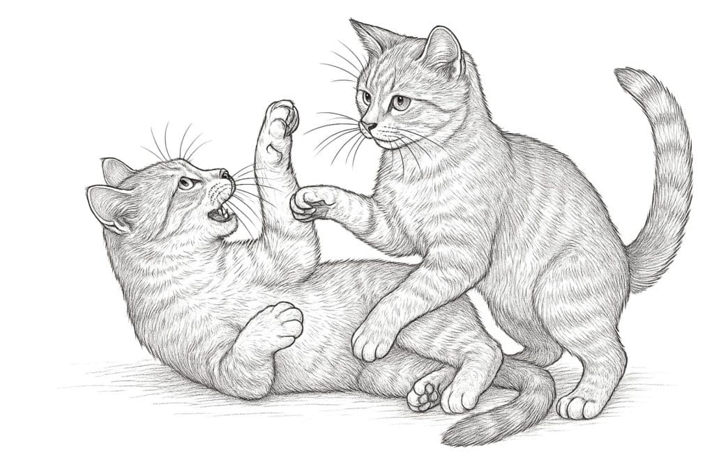 Katzen Ausmalbild ab 11 Jahre - Zwei Katzen im Spielkampf