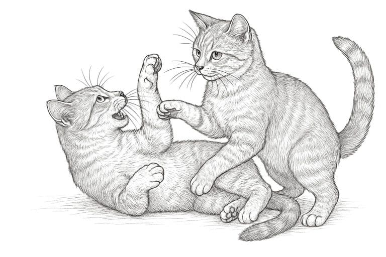 Katzen Ausmalbild ab 11 Jahre - Zwei Katzen im Spielkampf