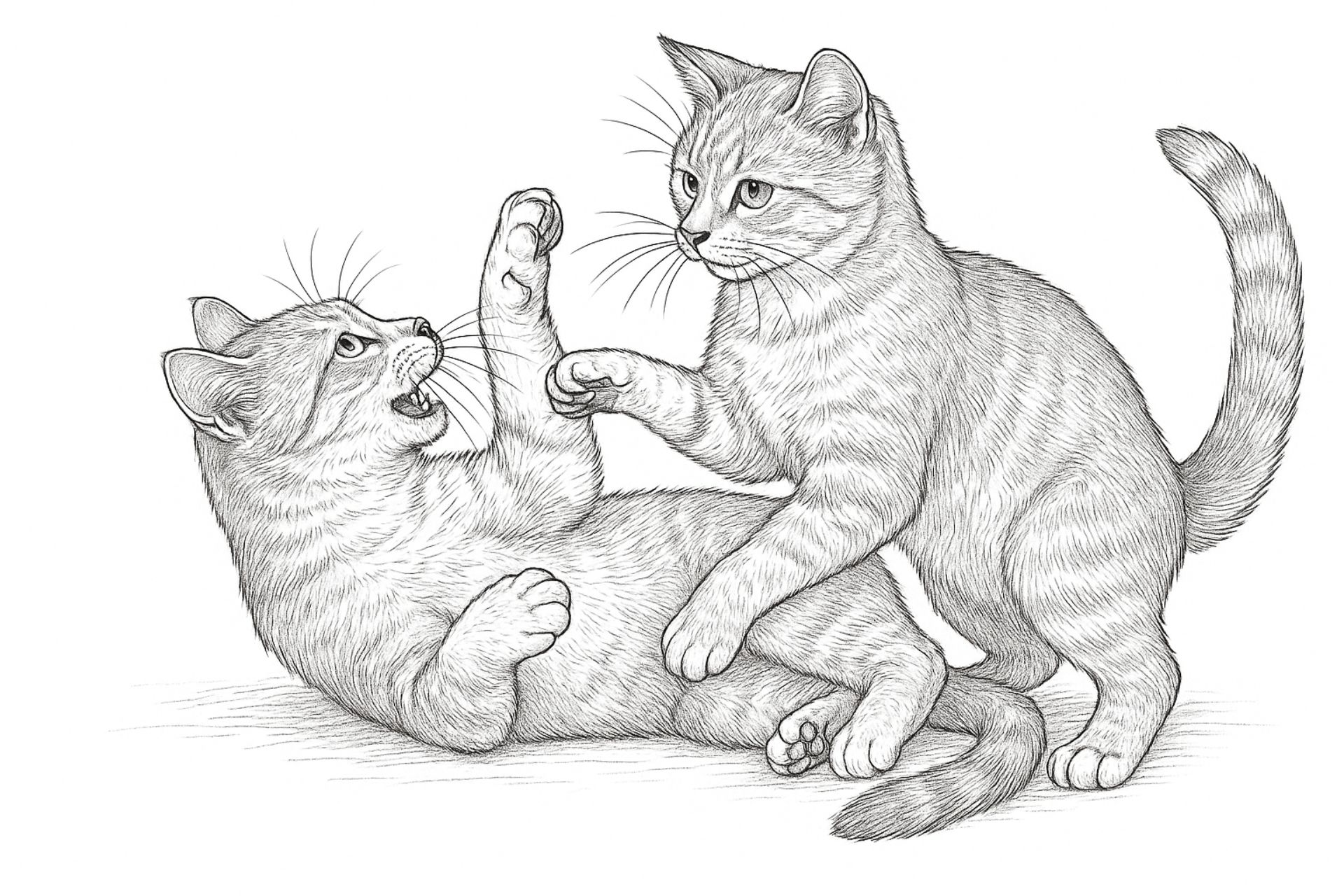 Katzen Ausmalbild ab 11 Jahre - Zwei Katzen im Spielkampf