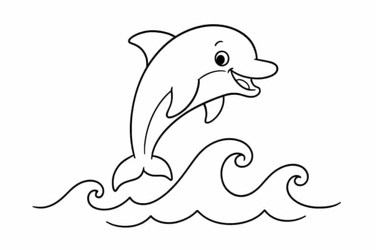 Meerestiere Ausmalbild ab 4 Jahre - Fröhlicher Delfin springt aus den Wellen