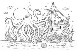 Meerestiere Ausmalbild ab 11 Jahre - Oktopus erkundet Schiffswrack