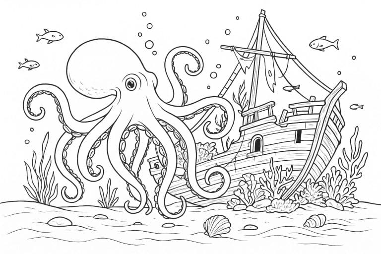 Meerestiere Ausmalbild ab 11 Jahre - Oktopus erkundet Schiffswrack