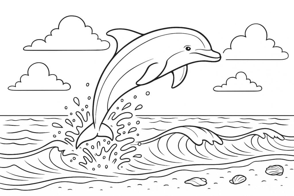 Meerestiere Ausmalbild ab 11 Jahre - Realistischer Delfin im Sprung über dem Meer