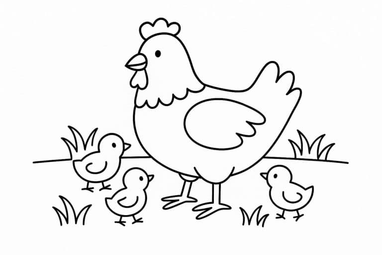 Bauernhoftiere Ausmalbild ab 4 Jahre - Huhn mit Küken