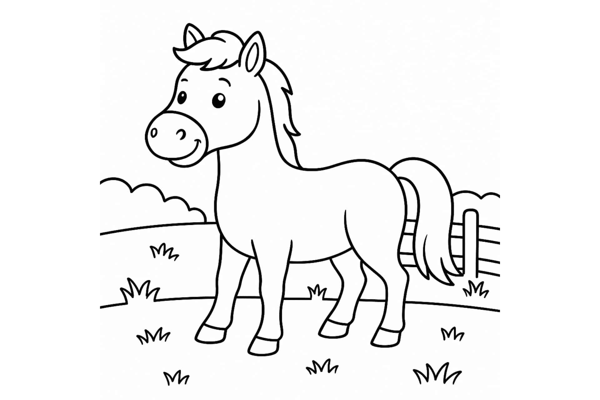 Bauernhoftiere Ausmalbild ab 4 Jahre - Pferd auf der Koppel