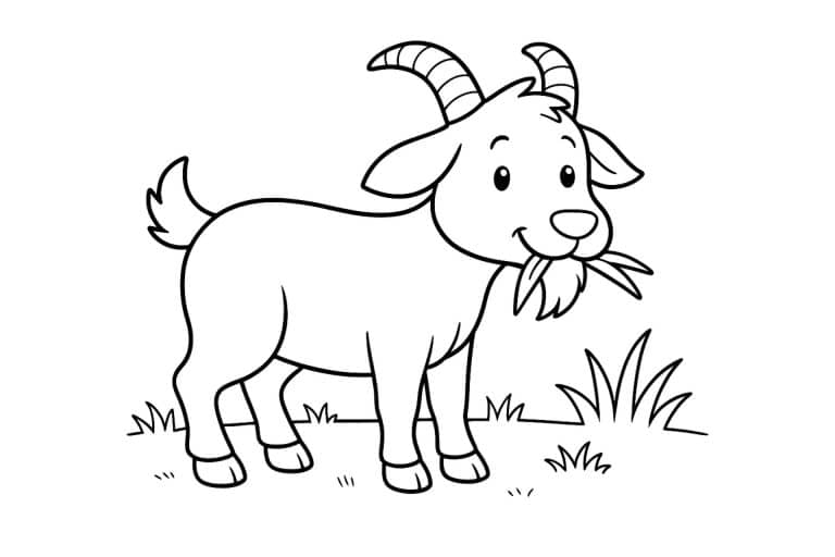 Bauernhoftiere Ausmalbild ab 4 Jahre - Ziege frisst Gras