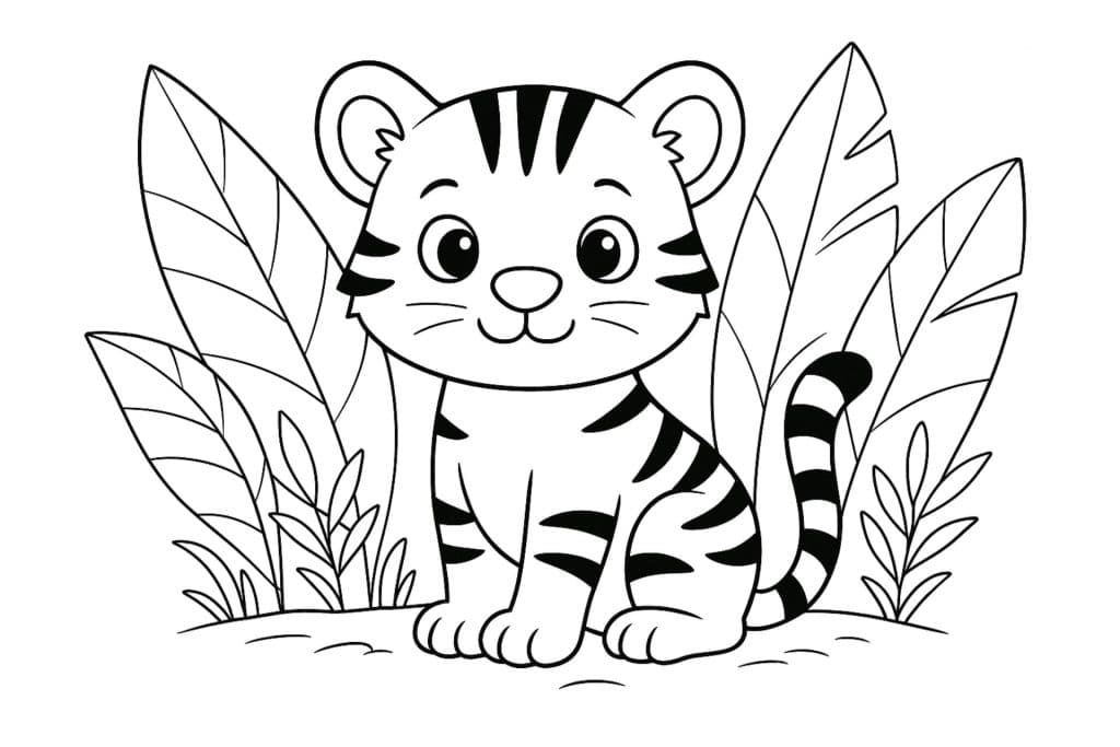 Dschungeltiere Ausmalbild ab 4 Jahre - Tigerjunges im Dschungel