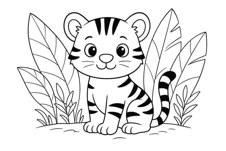 Dschungeltiere Ausmalbild ab 4 Jahre - Tigerjunges im Dschungel