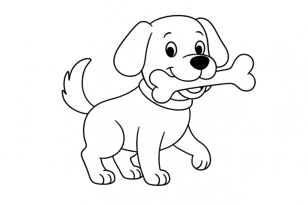 Hunde Ausmalbild ab 4 Jahre - Hund mit Knochen im Maul