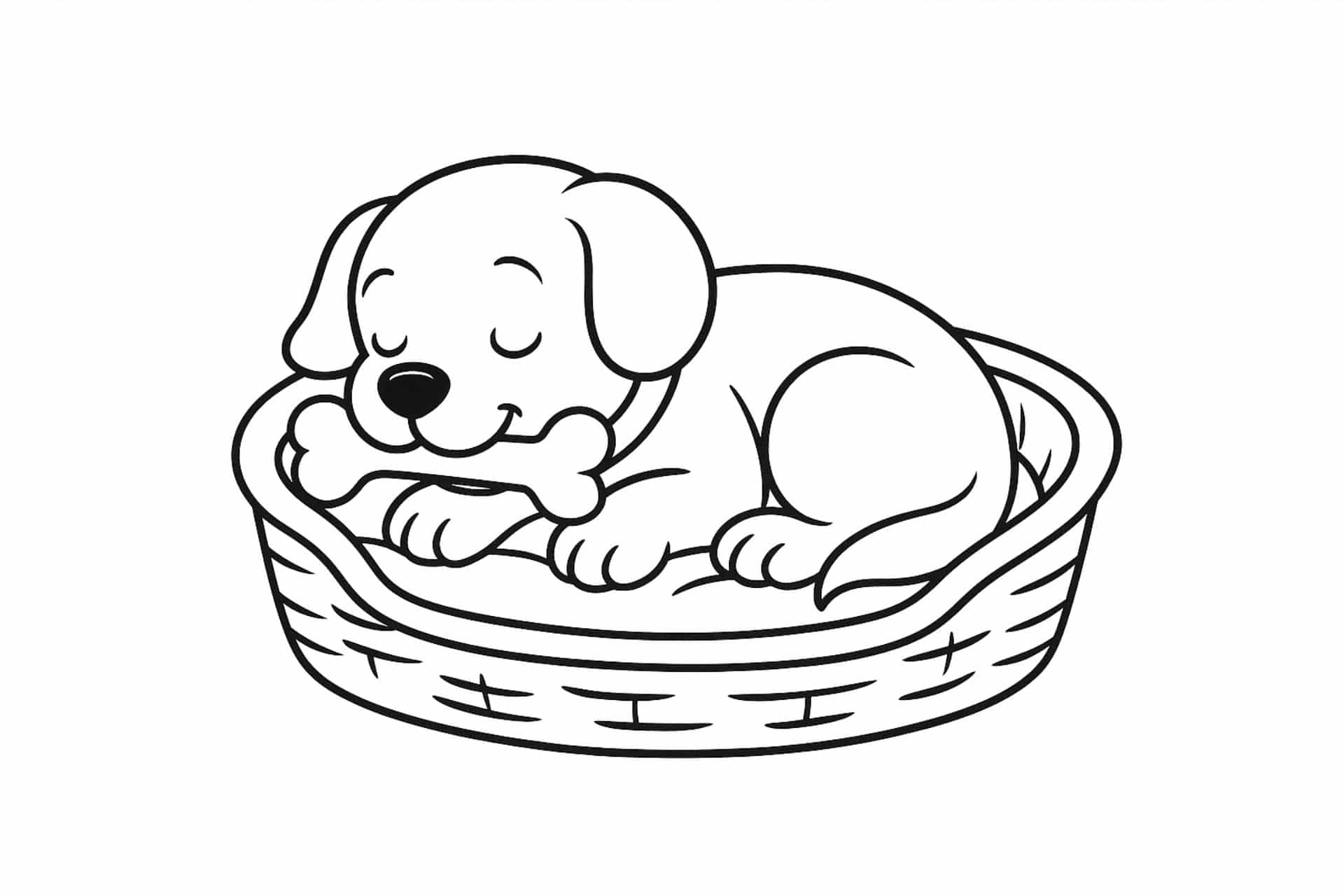 Hunde Ausmalbild ab 4 Jahre - Schlafender Hund im Körbchen