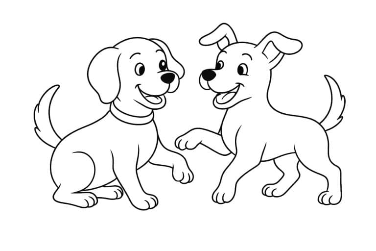 Hunde Ausmalbild ab 4 Jahre - Zwei Hunde spielen zusammen