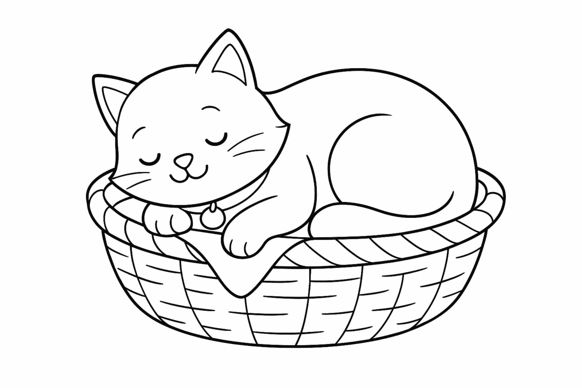 Katzen Ausmalbild ab 4 Jahre - Schlafende Katze im Körbchen