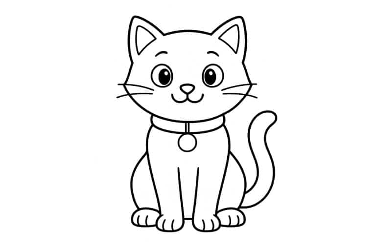 Katzen Ausmalbild ab 4 Jahre - Sitzende Katze mit Halsband