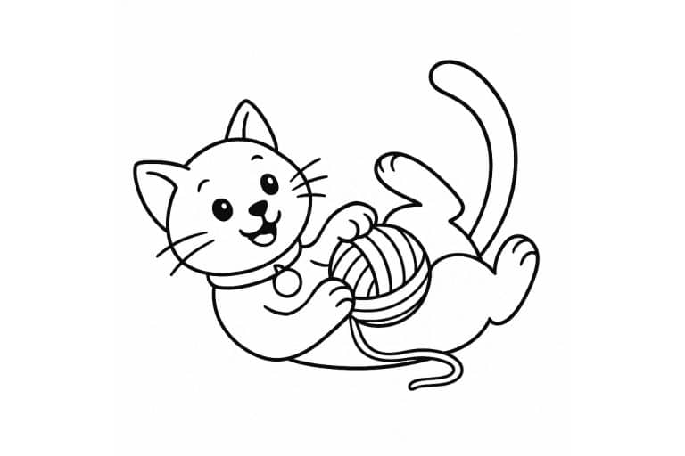 Katzen Ausmalbild ab 4 Jahre - Spielende Katze mit Wollknäuel