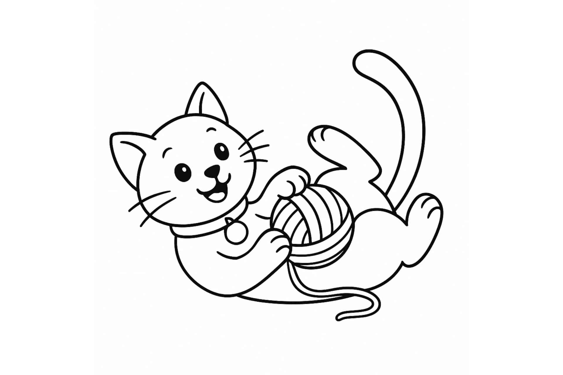 Katzen Ausmalbild ab 4 Jahre - Spielende Katze mit Wollknäuel