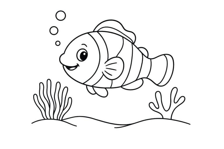 Meerestiere Ausmalbild ab 4 Jahre - Clownfisch im Meer