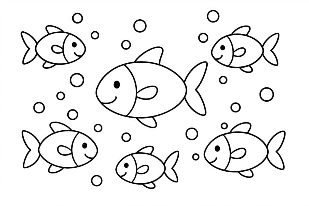Meerestiere Ausmalbild ab 4 Jahre - Kleiner Fischschwarm mit Luftblasen