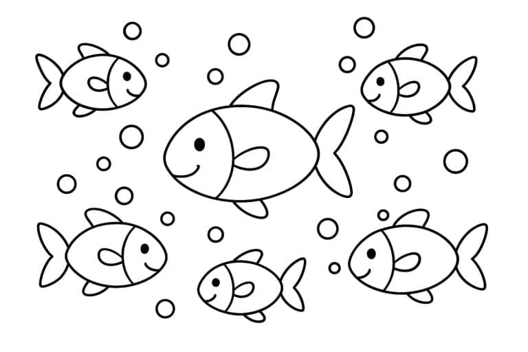Meerestiere Ausmalbild ab 4 Jahre - Kleiner Fischschwarm mit Luftblasen