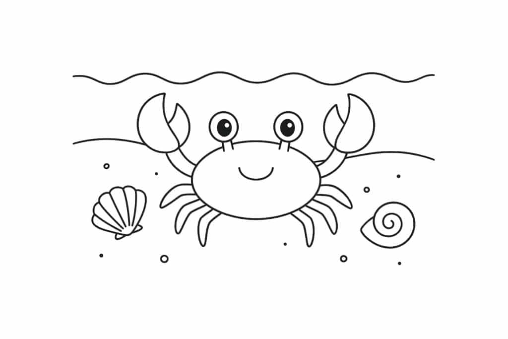 Meerestiere Ausmalbild ab 4 Jahre - Krabbe am Sandstrand mit Muscheln