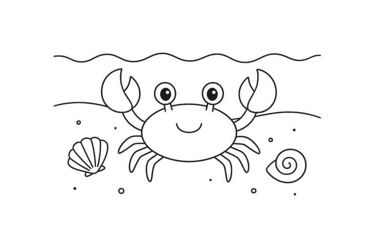 Meerestiere Ausmalbild ab 4 Jahre - Krabbe am Sandstrand mit Muscheln