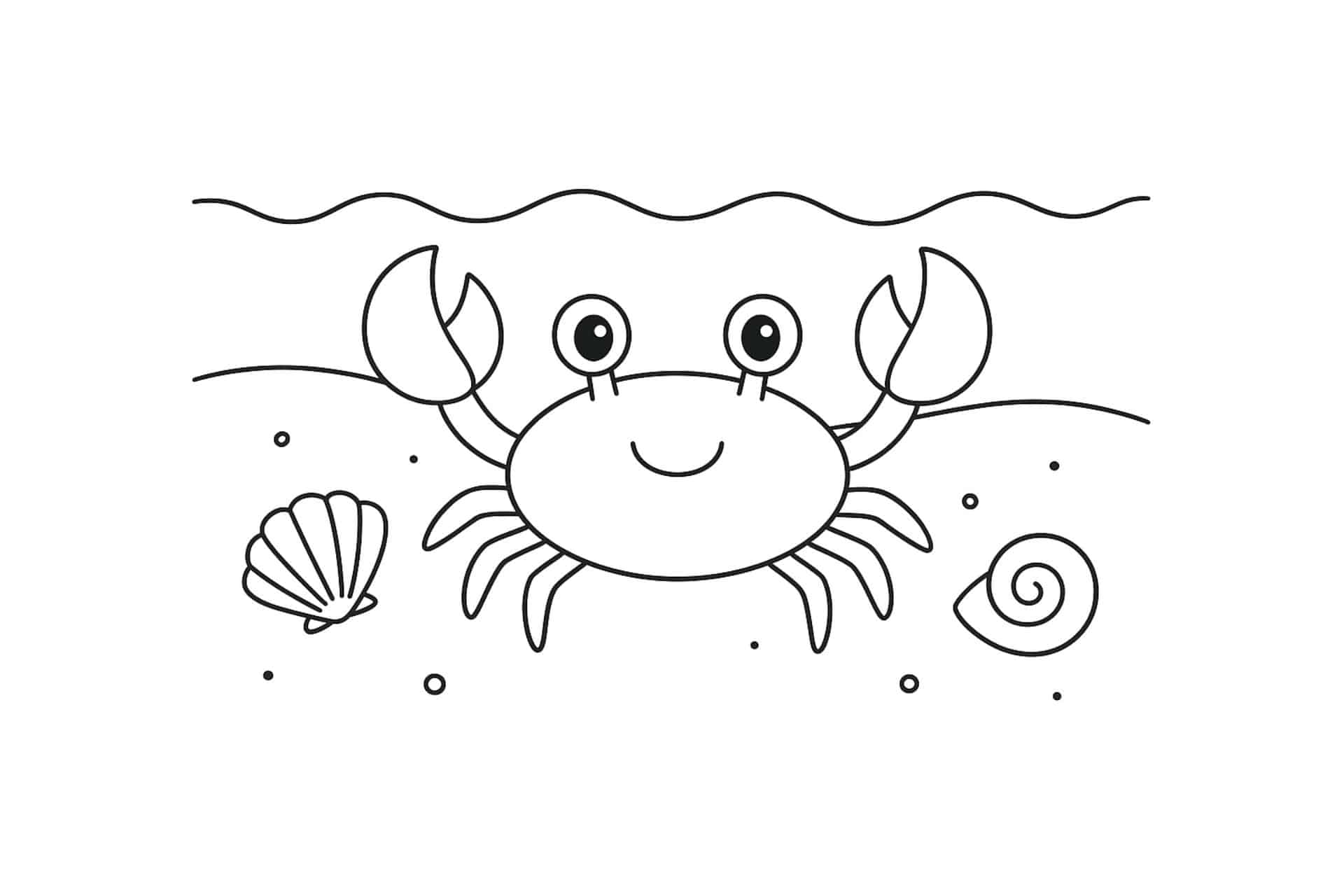Meerestiere Ausmalbild ab 4 Jahre - Krabbe am Sandstrand mit Muscheln