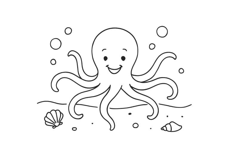 Meerestiere Ausmalbild ab 4 Jahre - Oktopus mit lachendem Gesicht und langen Armen